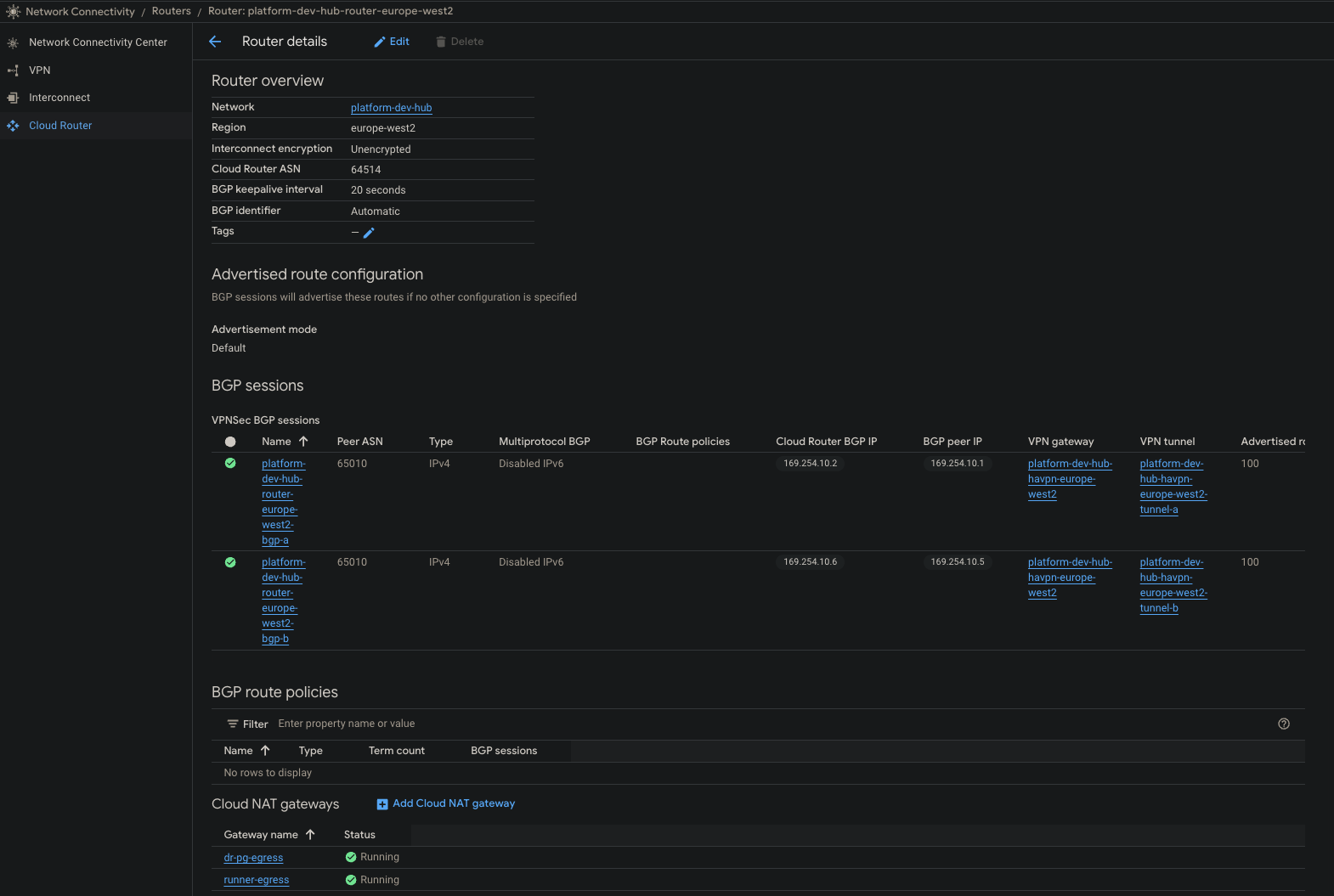 GCP Cloud Router showing two established BGP sessions to the routed VyOS edge.