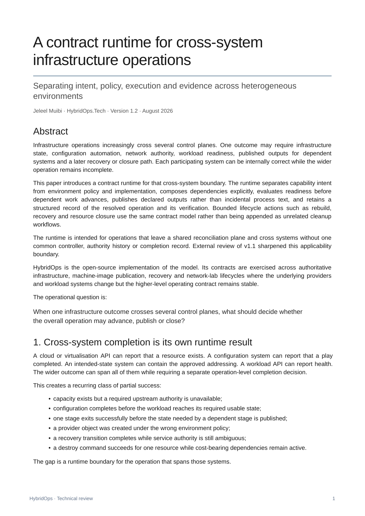 First page of the HybridOps Contract Runtime v1.2 technical review paper